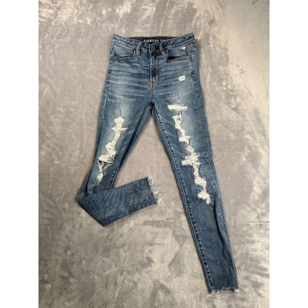 American Eagle Super Hi-Rise Jegging Jeans Womens 2 Short Blue Distressed Denim